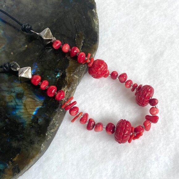 Signed Peyote Bird Sterling Silver 925 Beaded Red Red Coral Necklace 17" - 19" - Picture 3 of 16